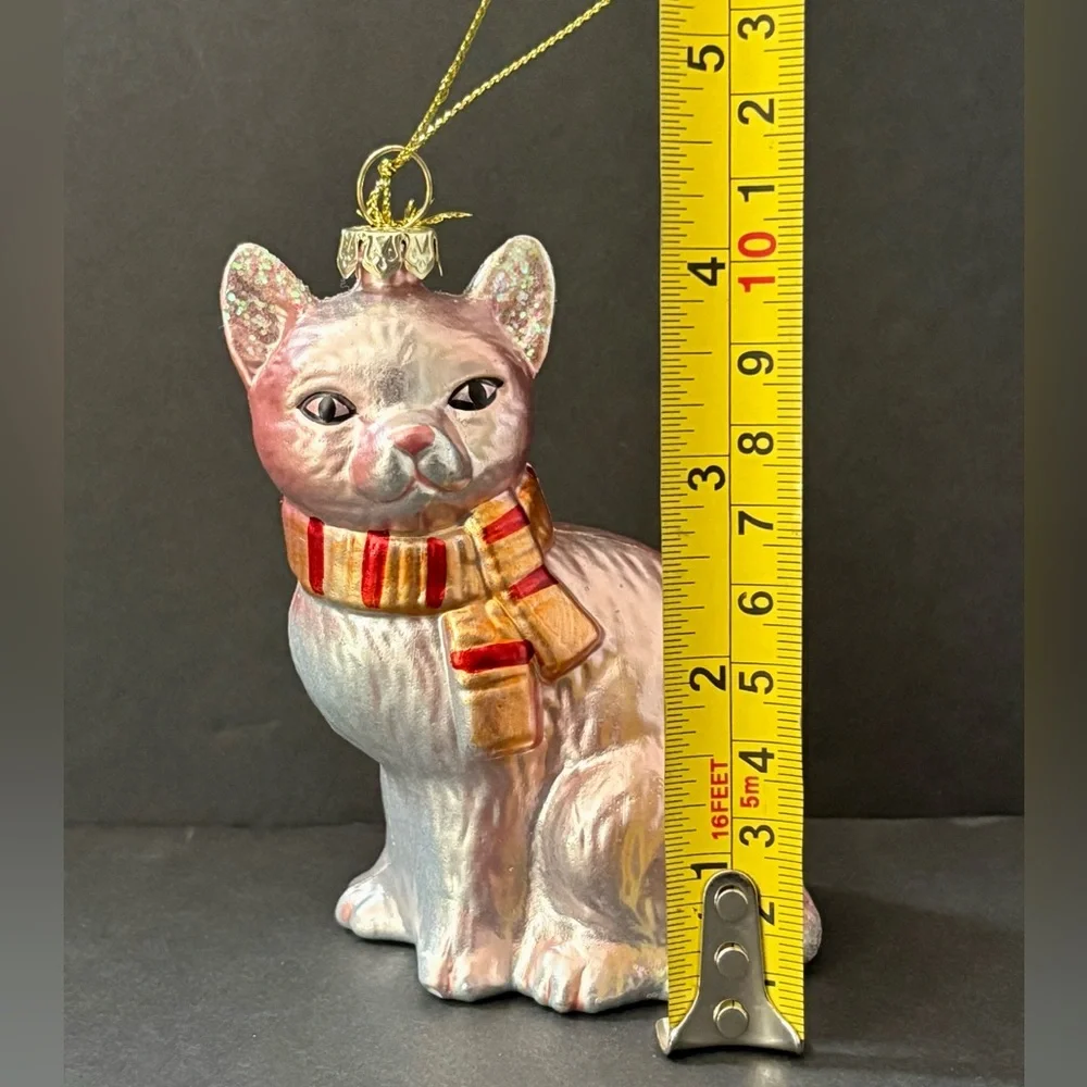 Elegant Pink Iridescent Feline Cat Striped Scarf Blown Glass Ornament Home Decor